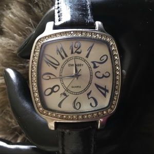 Ladies Embassy black leather rhinestone watch